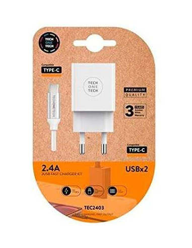 Chargeur secteur 2x USB 2.4A + cable USB-A vers USB-C blanc