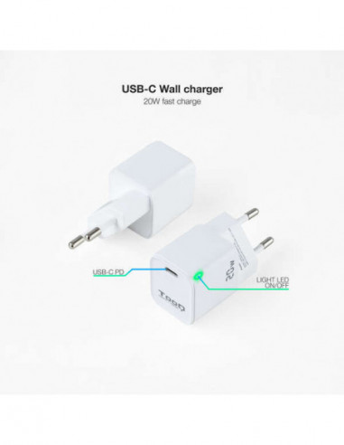 Chargeur secteur 20W max 5V 2.2A USB-C Blanc TOOQ