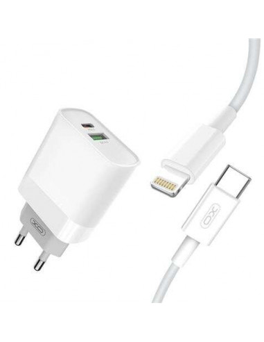 Chargeur secteur 18W max 5V 3.0A 1x USB-C + 1x USB-A + cable lighting  blanc