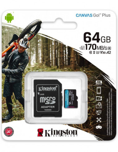 SD MICRO 64go SDXC KINGSTON UHS-I U3 V30 170mo/s SDCG3/64GB avec adap CLASS10